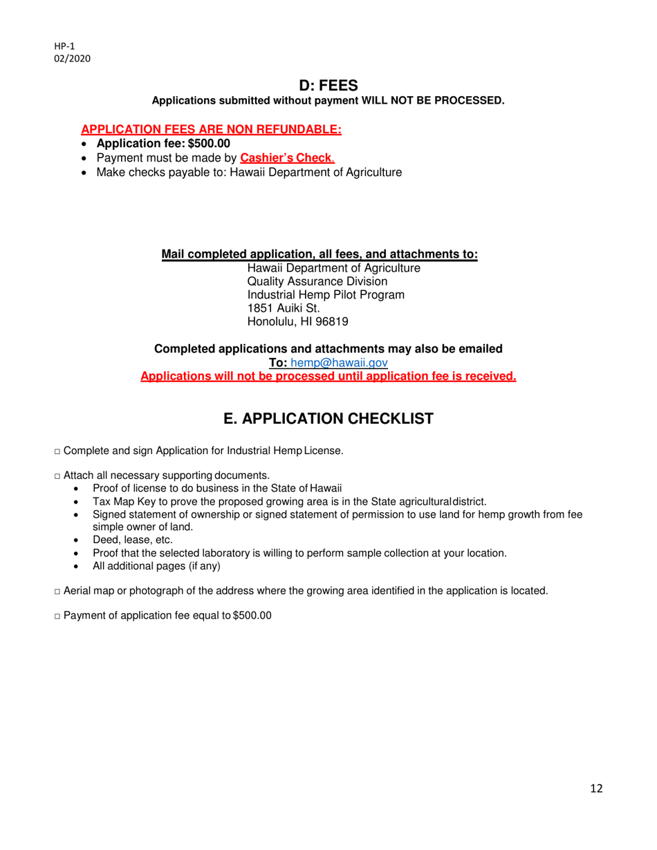 Form HP-1 Industrial Hemp Pilot Program Application - Hawaii, Page 12