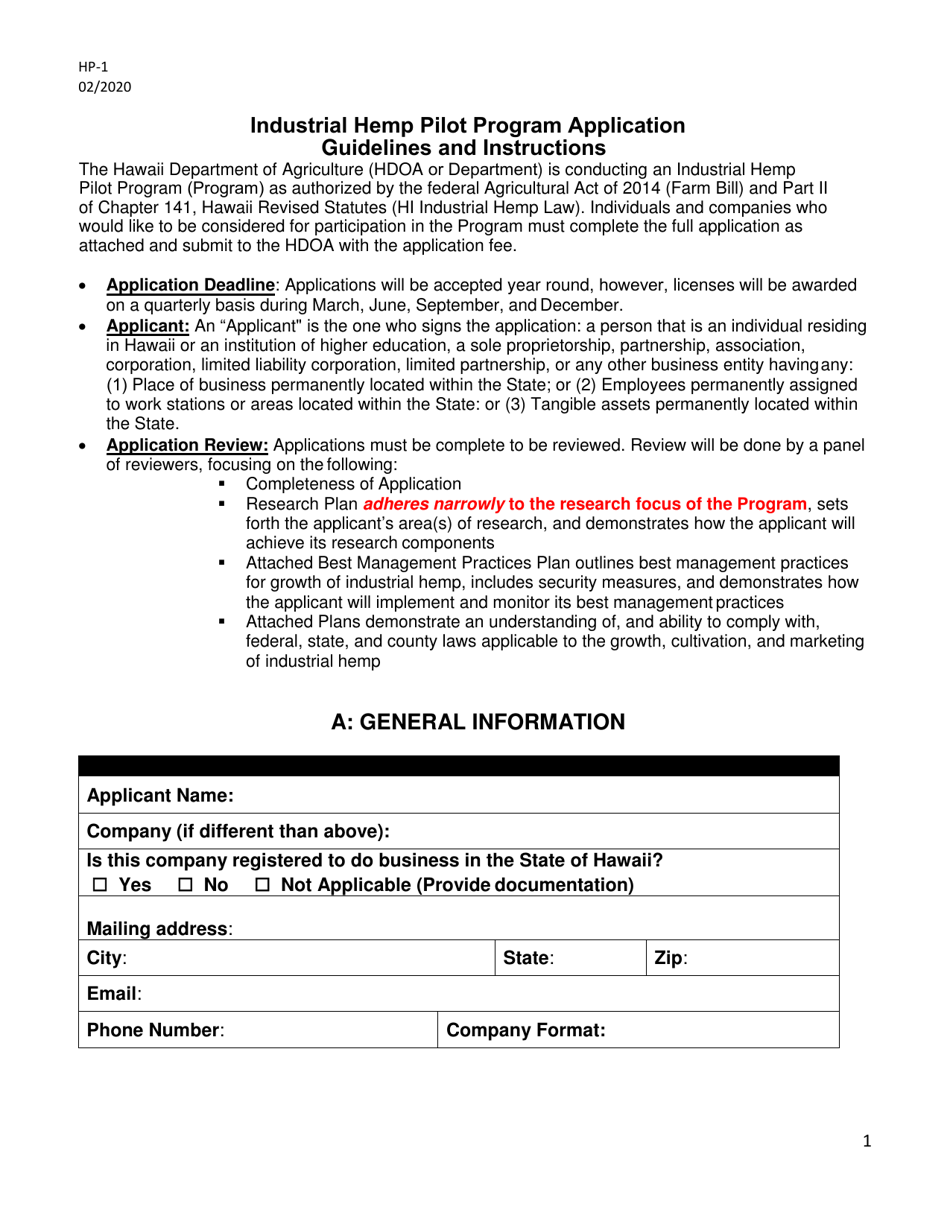 Form HP-1 Industrial Hemp Pilot Program Application - Hawaii, Page 1