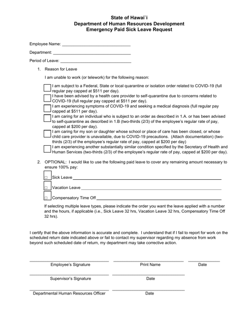 Emergency Paid Sick Leave Request Form - Hawaii