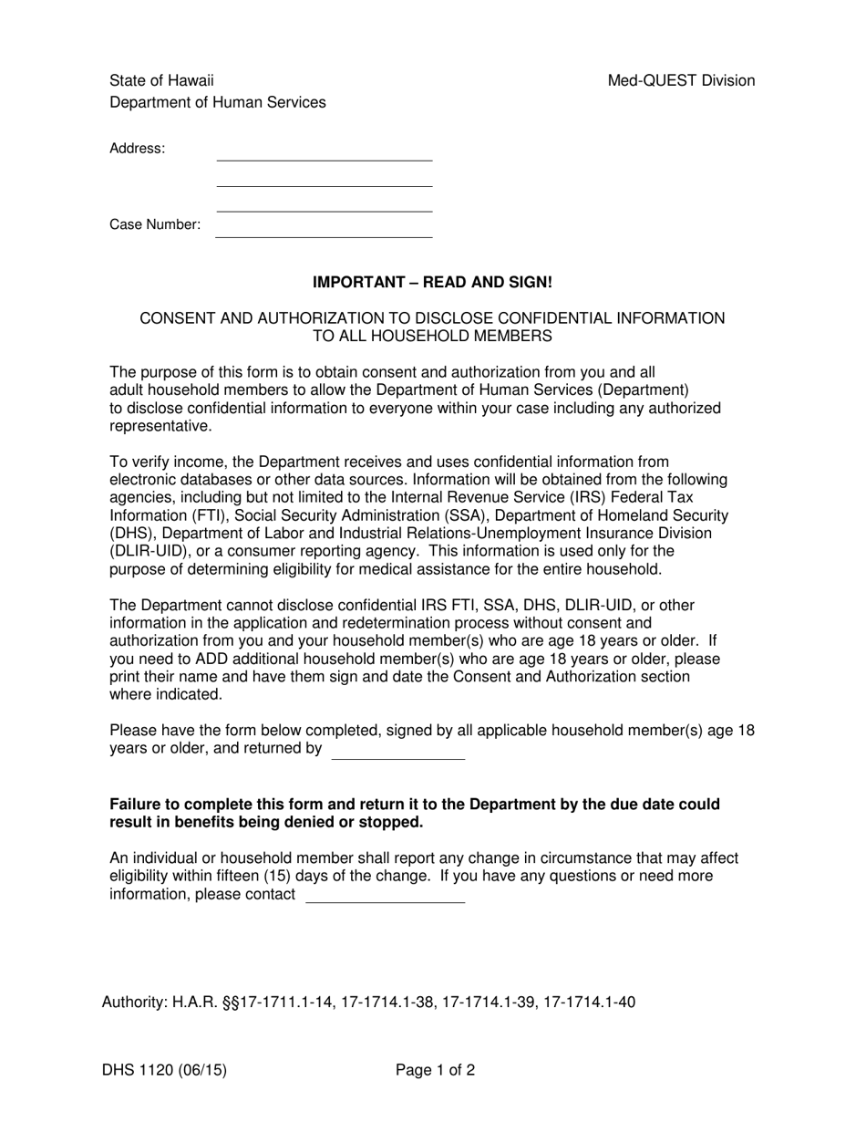 Form DHS1120 Consent and Authorization to Disclose Confidential Information Form - Hawaii, Page 1