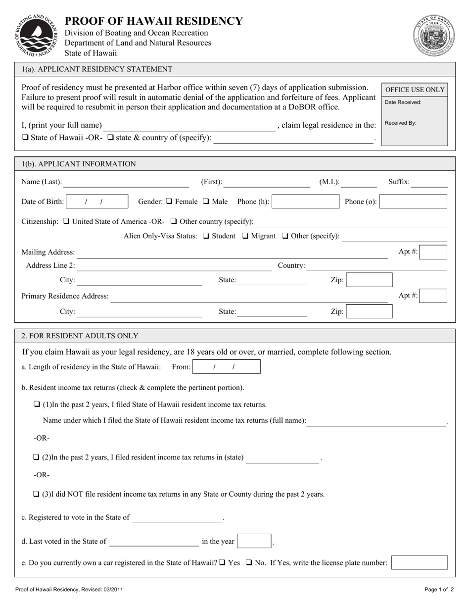 Application for Proof of Hawaii Residency - Hawaii, Page 1