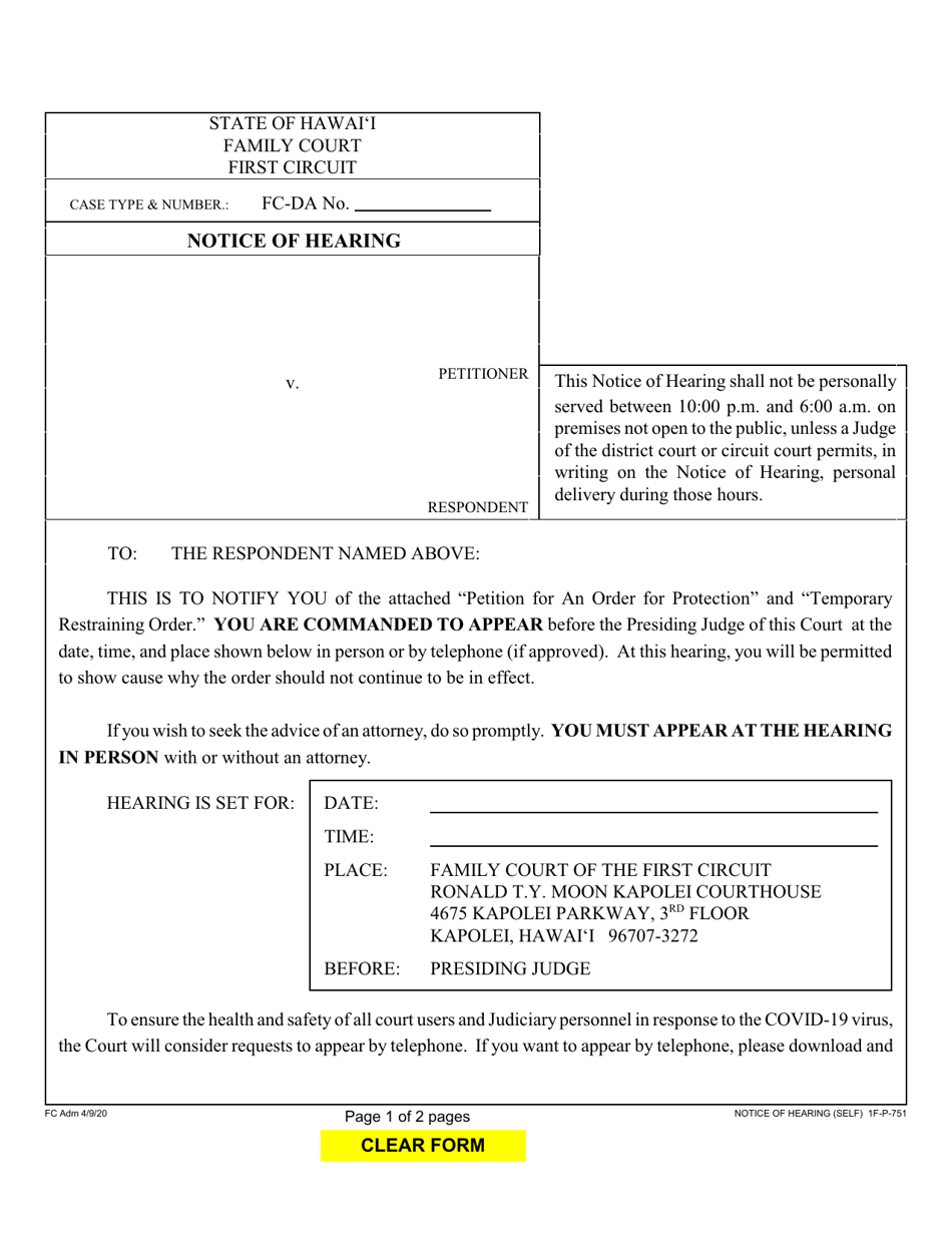 Form 1F P 751 Download Fillable PDF Or Fill Online Notice Of Hearing Hawaii Templateroller