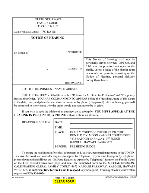 Form 1F-P-757 Notice of Hearing - Hawaii
