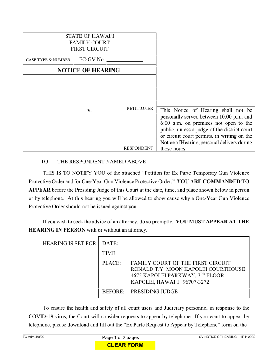 Form 1F-P-2092 Notice of Hearing - Hawaii, Page 1