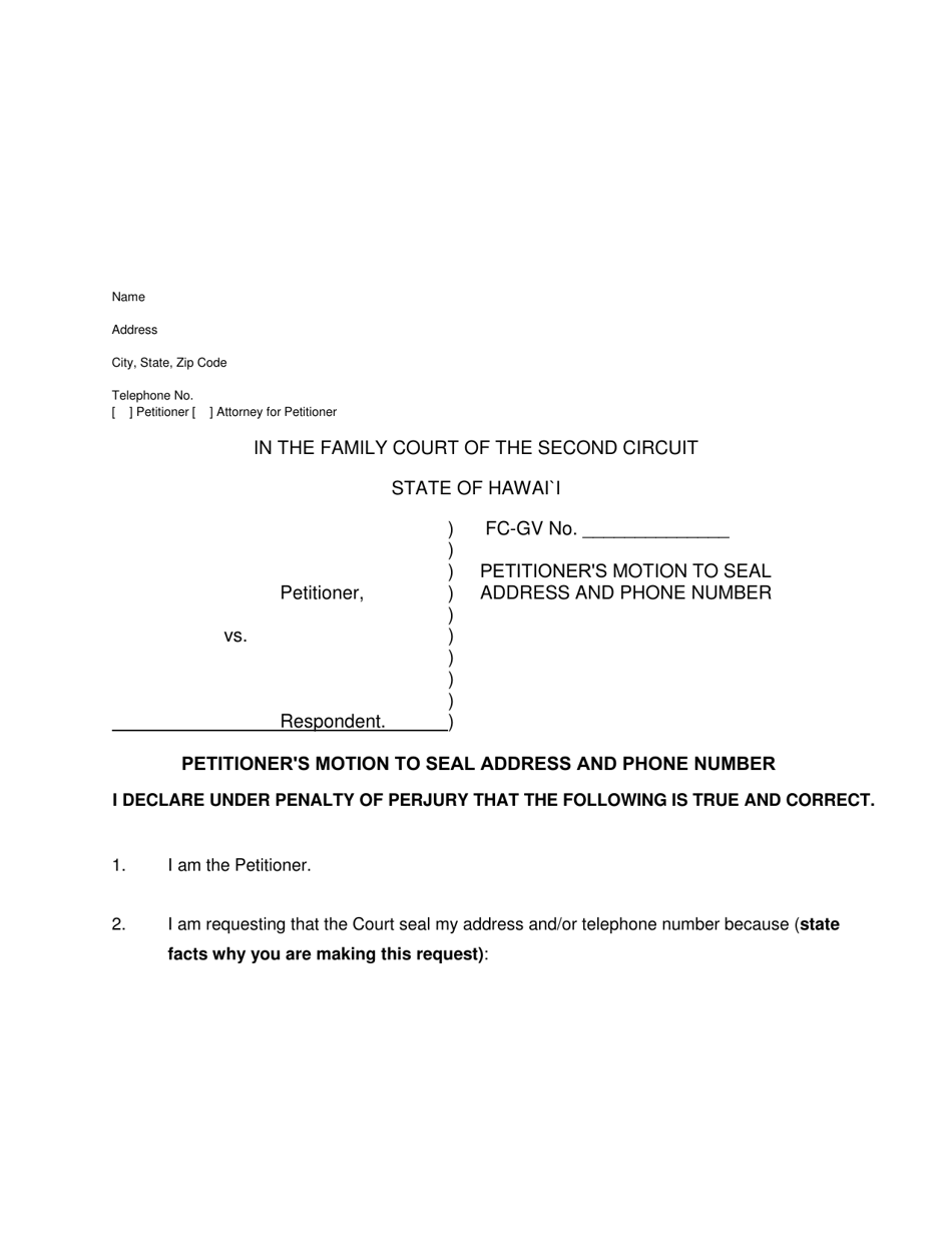 Form 2F-P-555 Petitioner's Motion to Seal Address and Telephone Number - Hawaii, Page 1