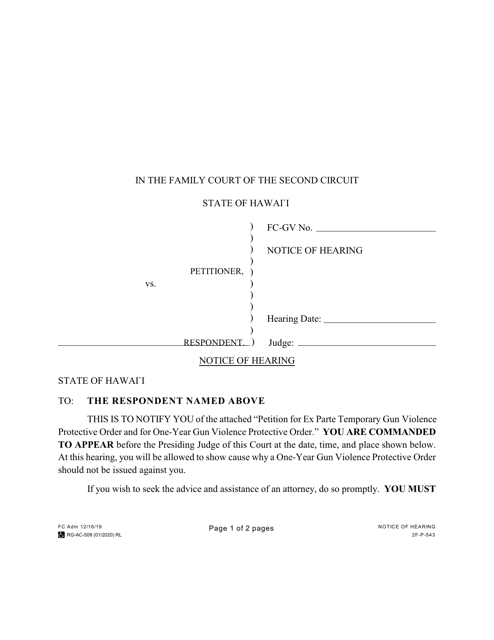 Form 2F-P-543 Notice of Hearing - Hawaii