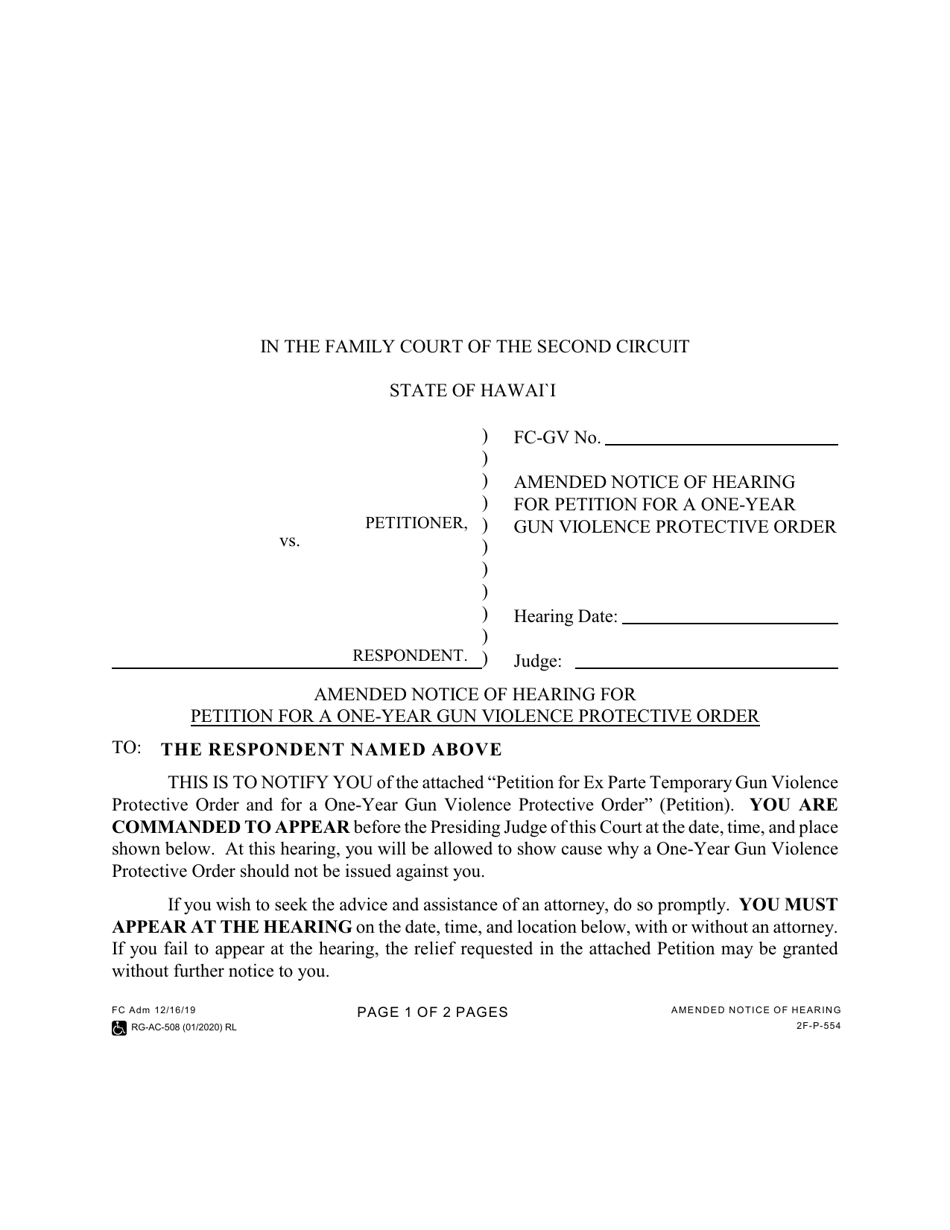 Form 2F-P-554 Amended Notice of Hearing for Petition for a One-Year Gun Violence Protective Order - Hawaii, Page 1