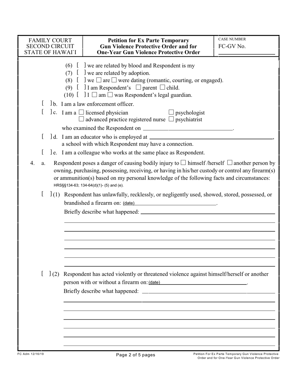 Form 2F-P-540 Petition for Ex Parte Temporary Gun Violence Protective Order and Petition for One-Year Gun Violence Protective Order - Hawaii, Page 2