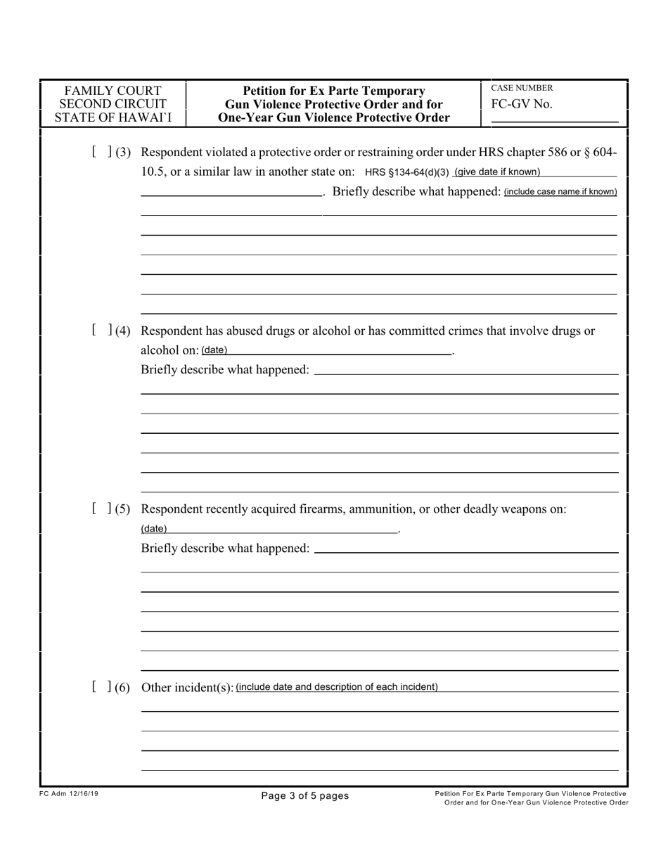 Form 2F-P-540 Petition for Ex Parte Temporary Gun Violence Protective Order and Petition for One-Year Gun Violence Protective Order - Hawaii, Page 3