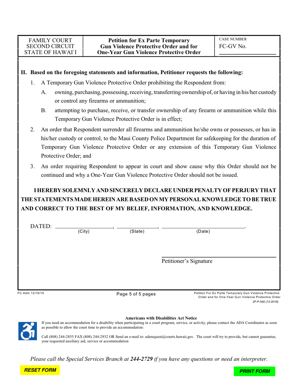 Form 2F-P-540 Petition for Ex Parte Temporary Gun Violence Protective Order and Petition for One-Year Gun Violence Protective Order - Hawaii, Page 5