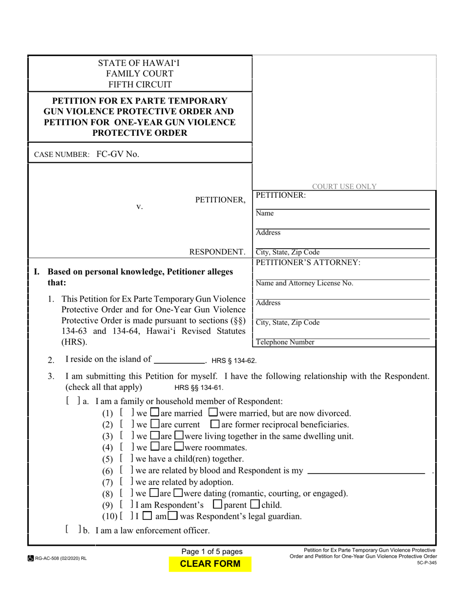 Form 5C-P-345 Petition for Ex Parte Temporary Gun Violence Protective Order and Petition for One-Year Gun Violence Protective Order - Hawaii, Page 1