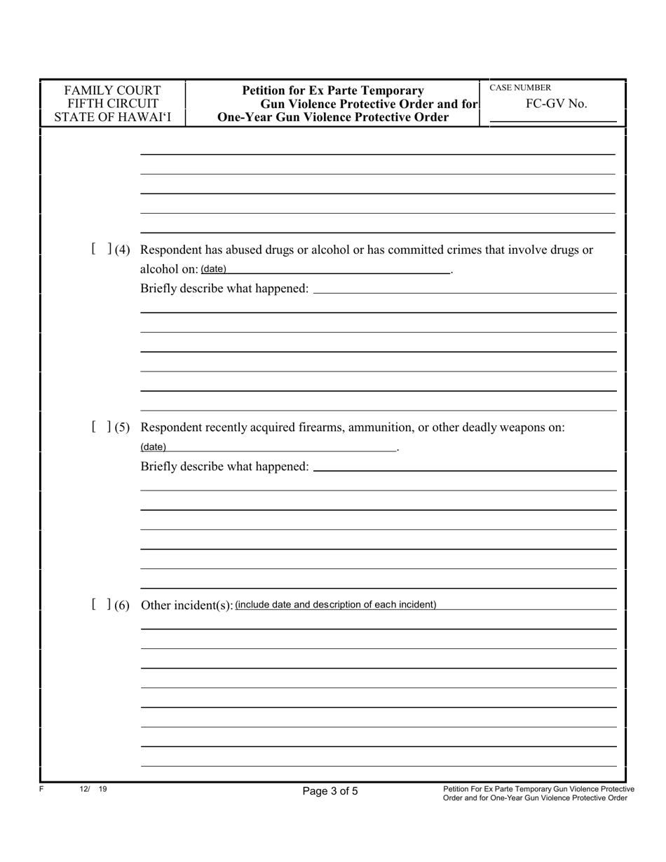 Form 5C-P-345 Petition for Ex Parte Temporary Gun Violence Protective Order and Petition for One-Year Gun Violence Protective Order - Hawaii, Page 3