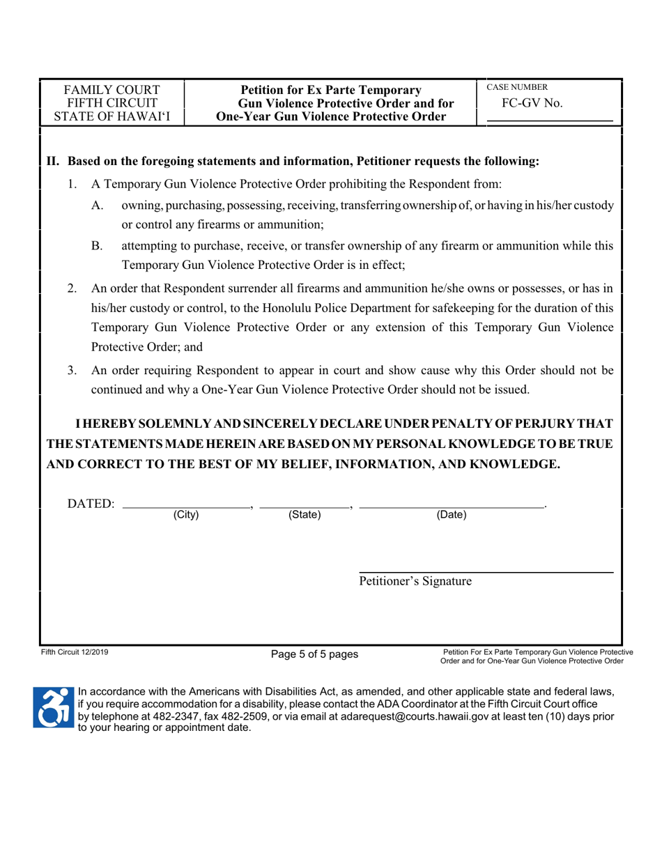 Form 5C-P-345 Petition for Ex Parte Temporary Gun Violence Protective Order and Petition for One-Year Gun Violence Protective Order - Hawaii, Page 5