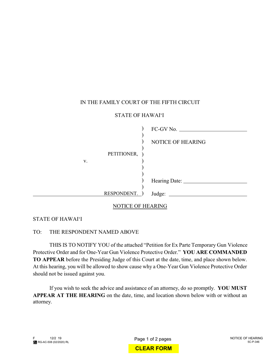 Form 5C-P-346 Notice of Hearing - Hawaii, Page 1