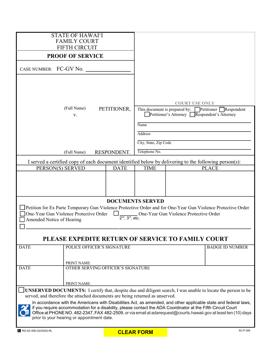 Form 5C-P-349 Proof of Service - Hawaii, Page 1