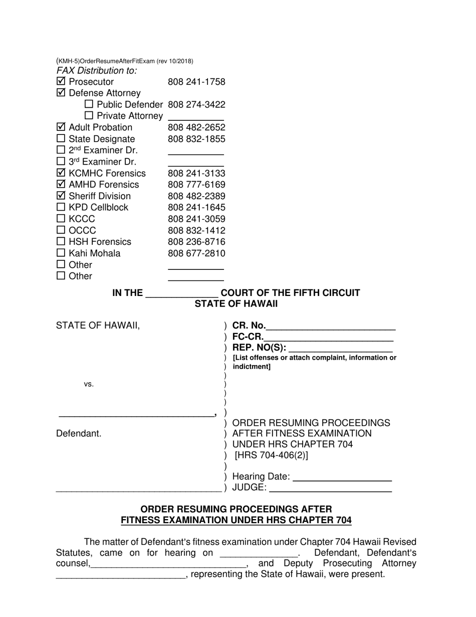 Form KMH-5 Order Resuming Proceedings After Fitness Examination Under Hrs Chapter 704 - Hawaii, Page 1