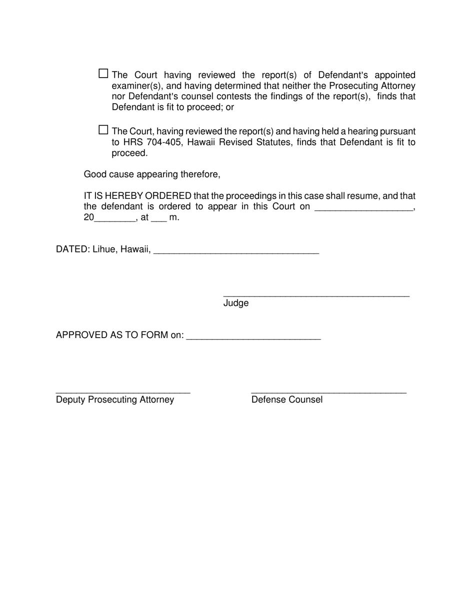Form KMH-5 Order Resuming Proceedings After Fitness Examination Under Hrs Chapter 704 - Hawaii, Page 2