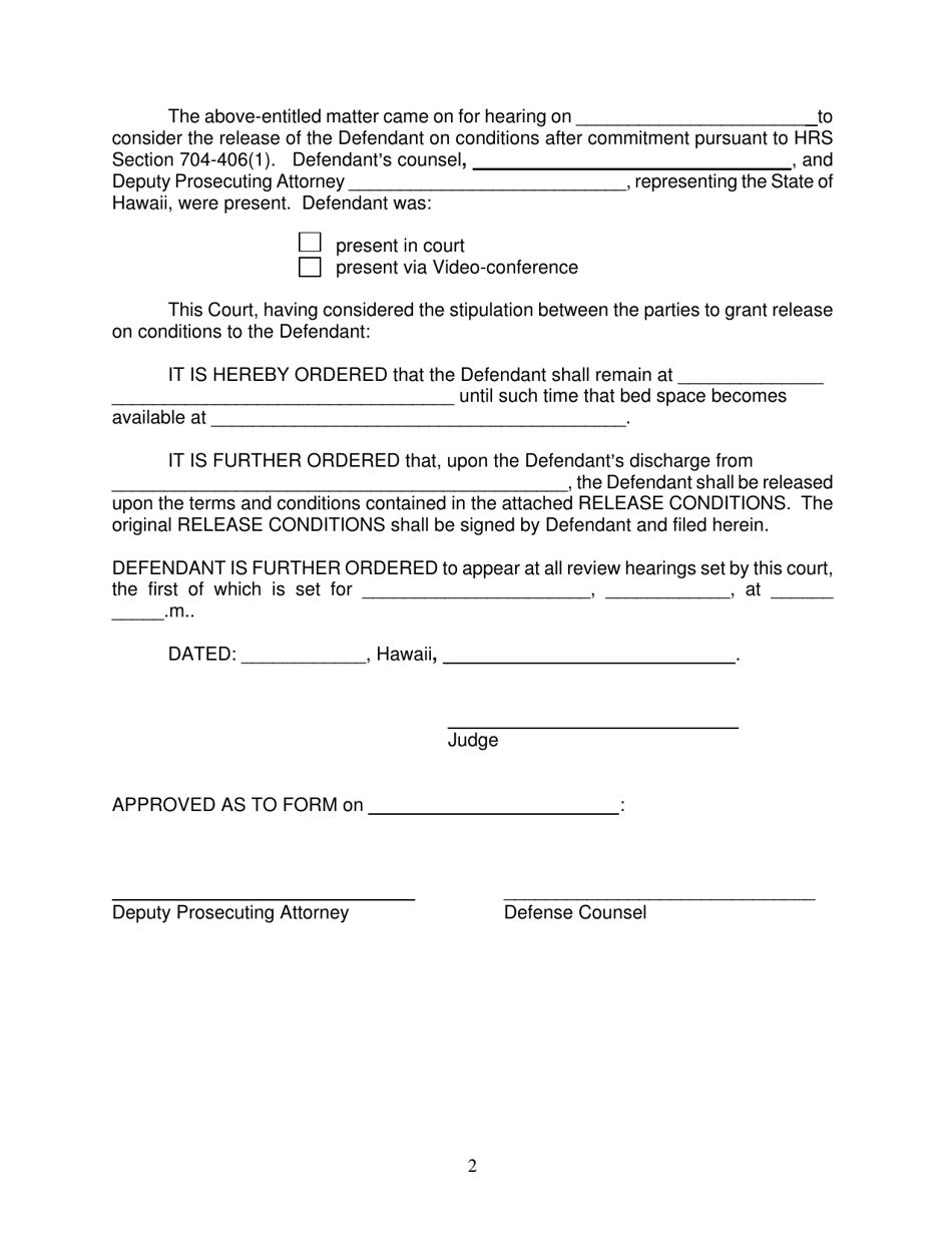 Form KMH-3A Order Granting Release on Conditions After Commitment and Stipulation of Parties; Release Conditions; Examiners Report(S) - Hawaii, Page 2