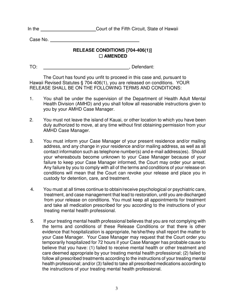 Form KMH-3A Order Granting Release on Conditions After Commitment and Stipulation of Parties; Release Conditions; Examiners Report(S) - Hawaii, Page 3