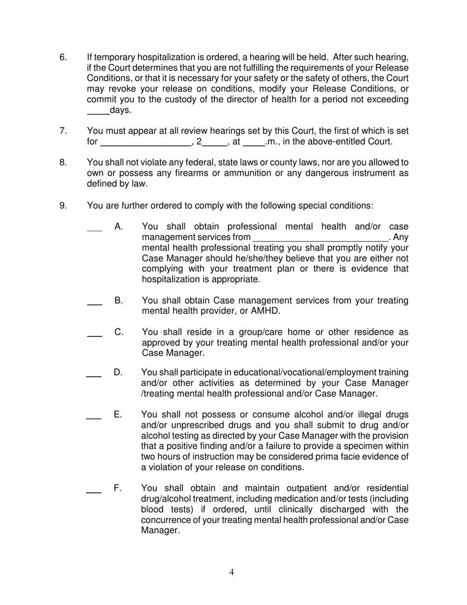 Form KMH-3A Order Granting Release on Conditions After Commitment and Stipulation of Parties; Release Conditions; Examiners Report(S) - Hawaii, Page 4