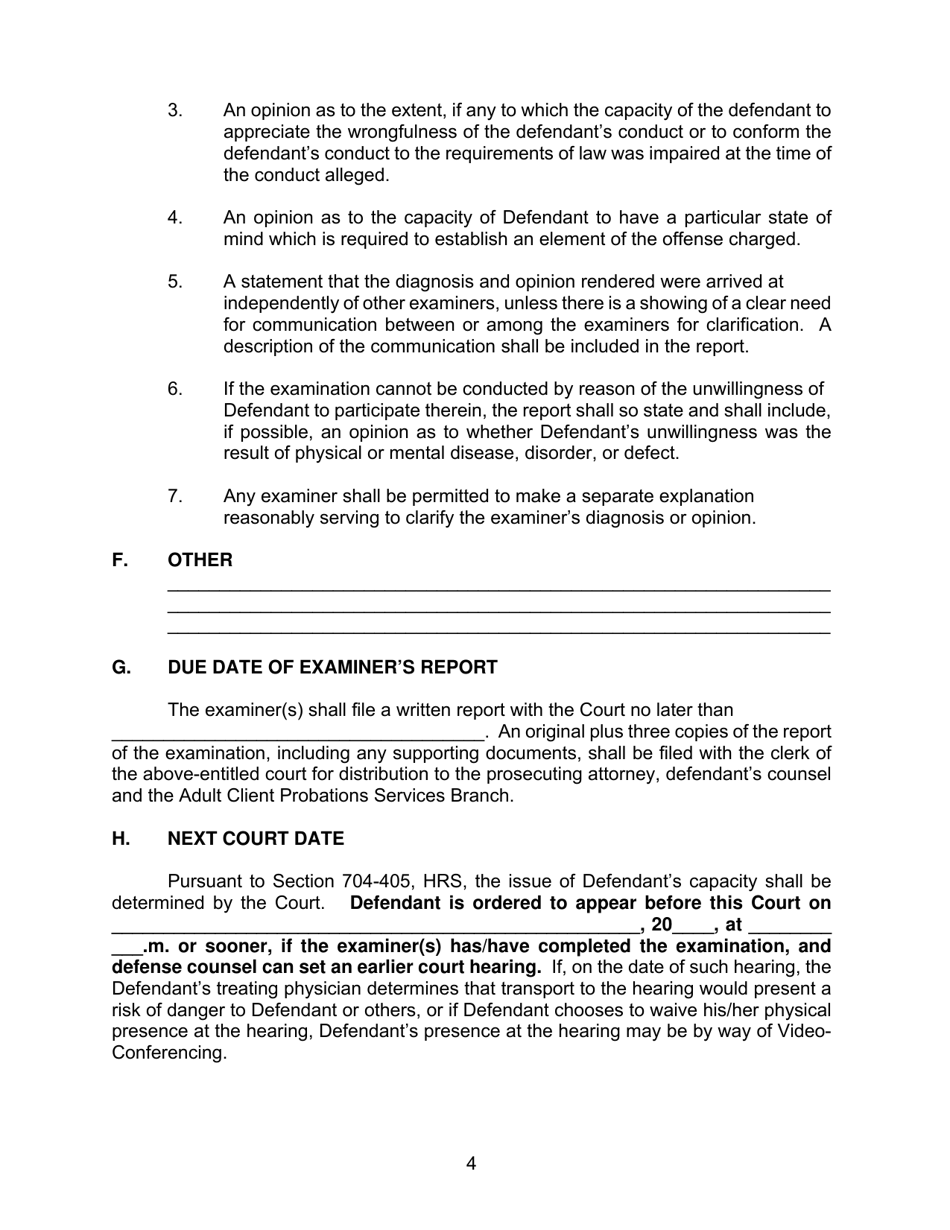 Form KMH-2 Order Suspending Proceedings, for Examination of Defendant Under Hrs Chapter 704, and Setting Further Court Date, Capacity Only - Hawaii, Page 4