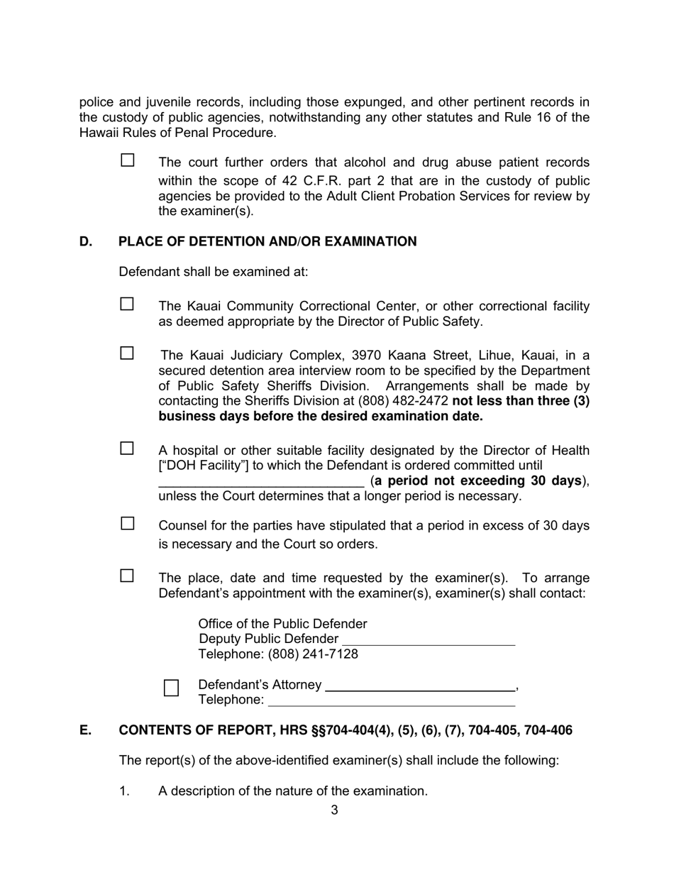 Form KMH-1C Order Suspending Proceedings, for Examination of Defendant Under Hrs Chapter 704, and Setting Further Court Date, Fitness Only - Hawaii, Page 3