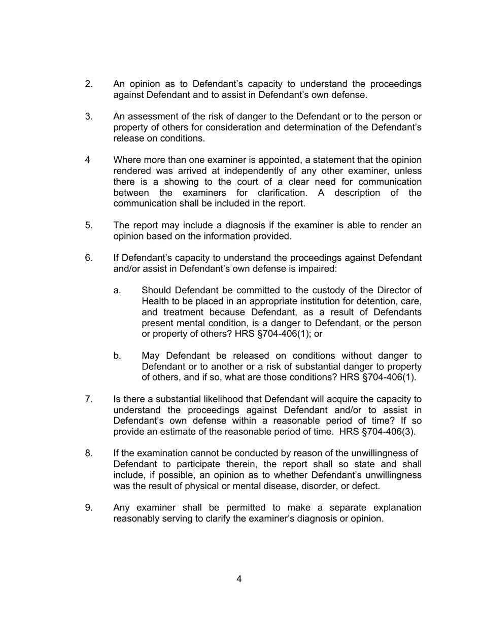 Form KMH-1C Order Suspending Proceedings, for Examination of Defendant Under Hrs Chapter 704, and Setting Further Court Date, Fitness Only - Hawaii, Page 4