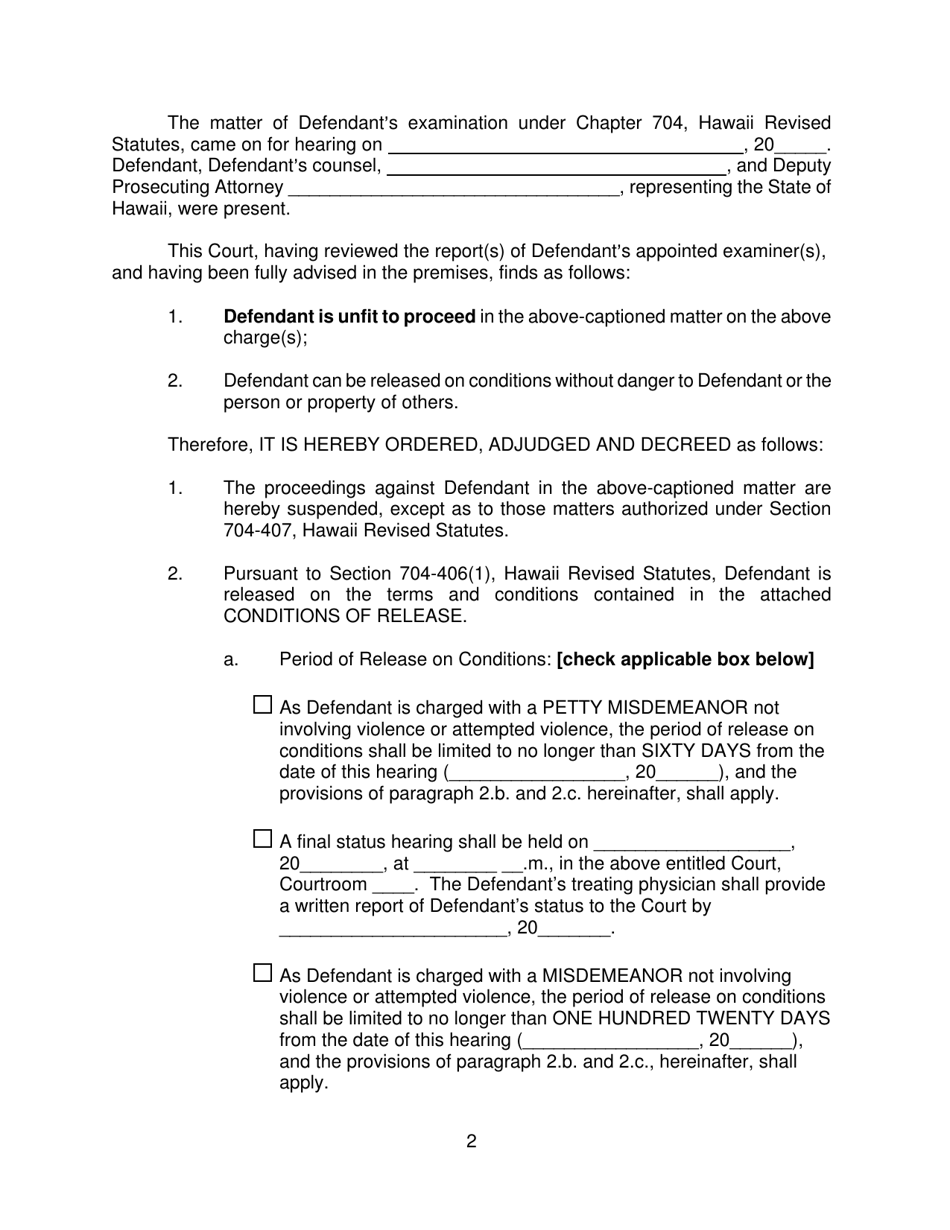 Form KMH-4 Order Finding Defendant Unfit to Proceed, Suspending Proceedings, and Releasing Defendant on Conditions - Hawaii, Page 2