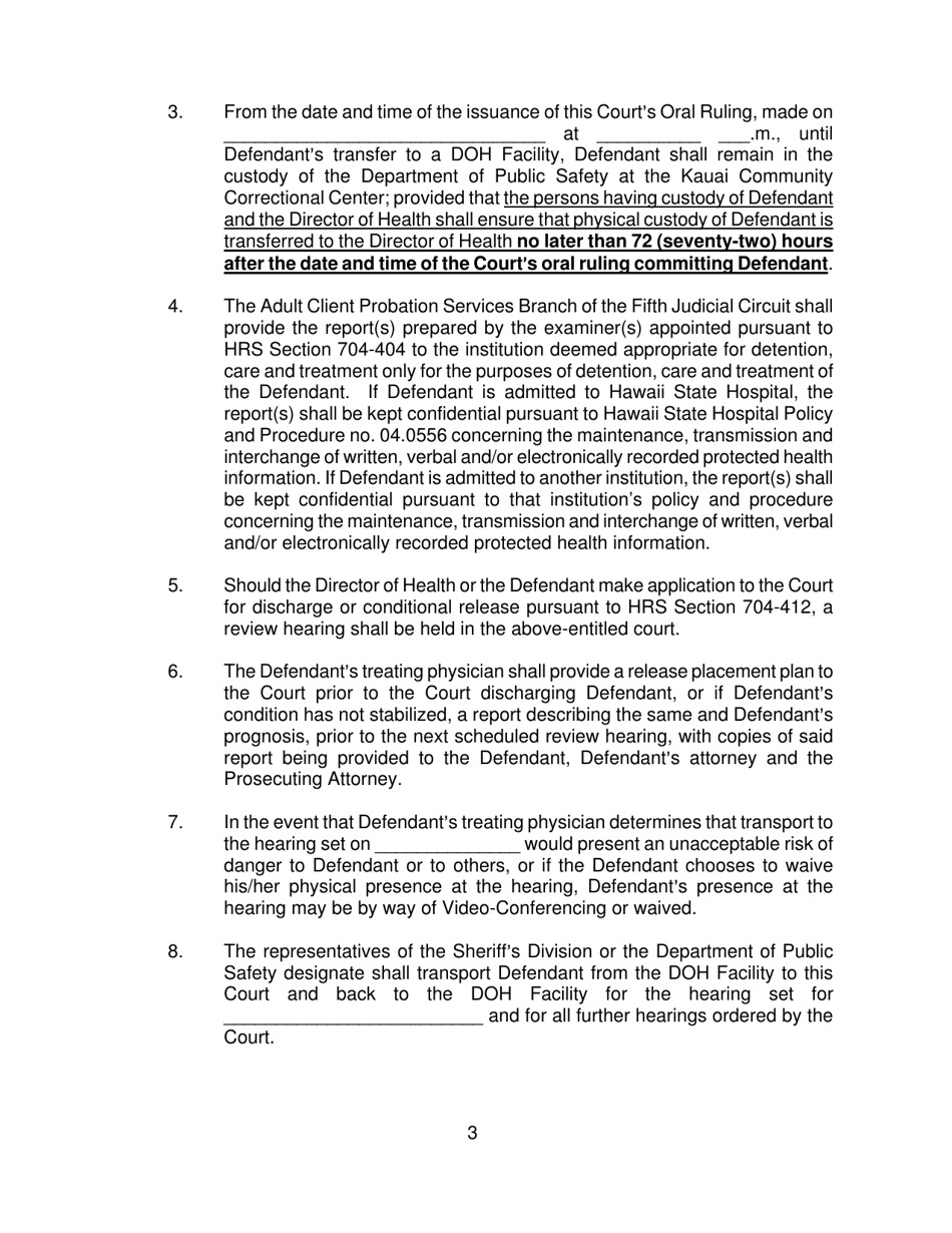 Form KMH-6 Judgment of Acquittal and Order Committing Defendant to the Custody of the Director of Health and for Transport - Hawaii, Page 3