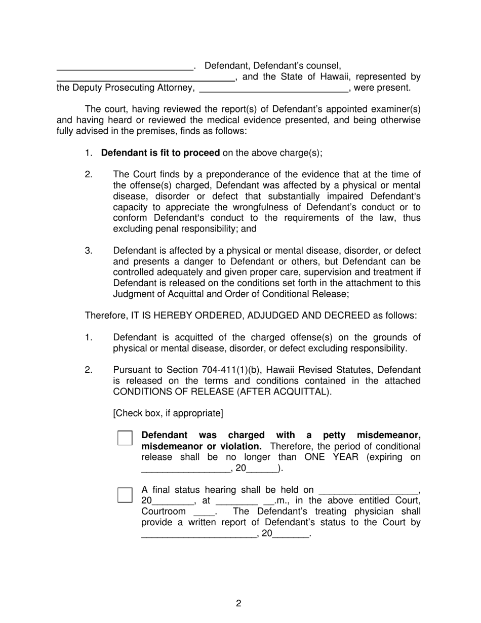 Form KMH-7 Judgment of Acquittal and Order of Conditional Release, Conditions of Release - Hawaii, Page 2