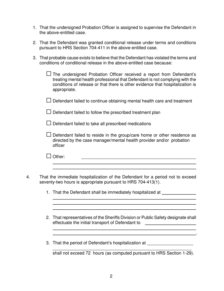 Form KMH-11 Probation Officers Findings of Non-compliance and Order of Temporary Hospitalization and Transport of Defendant - Hawaii, Page 2