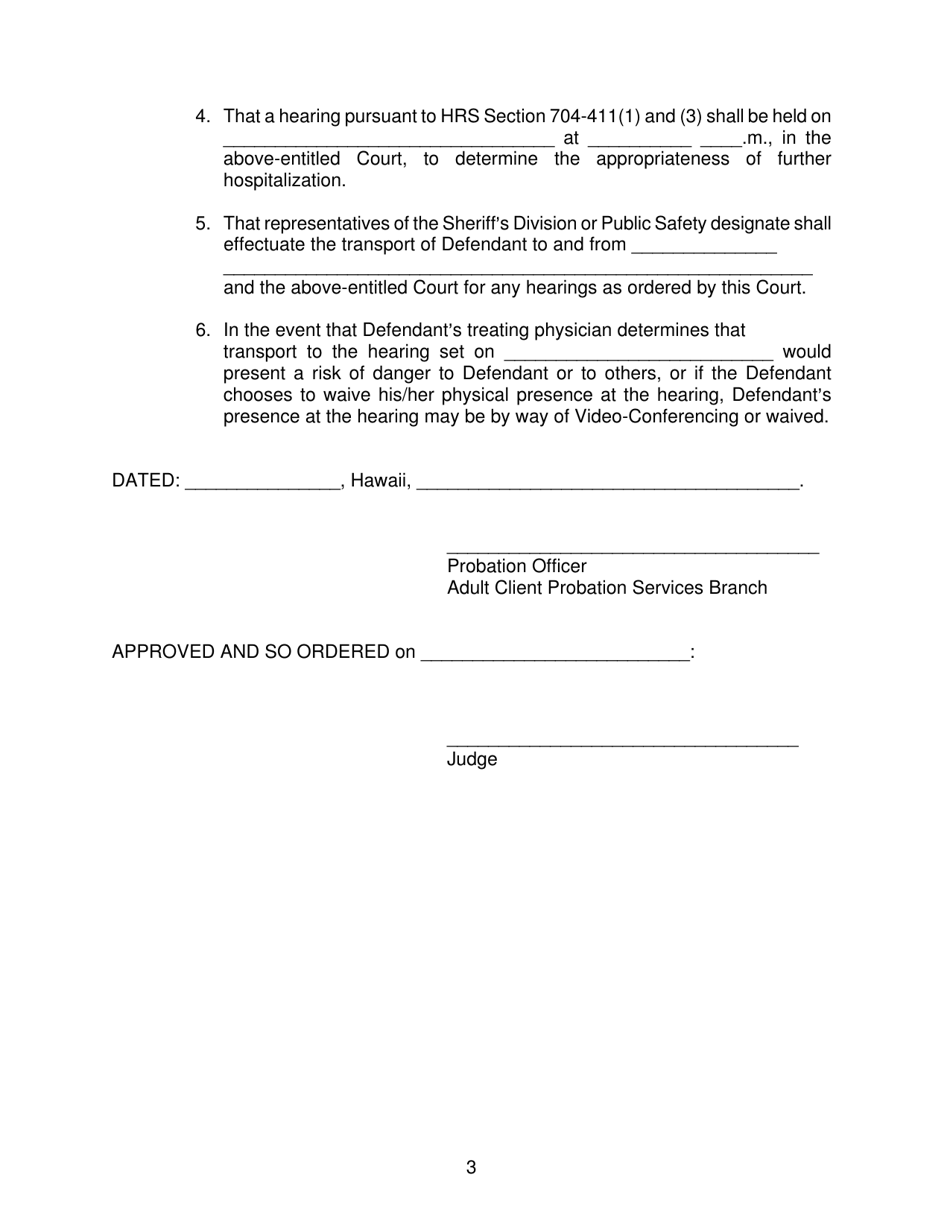 Form KMH-11 Probation Officers Findings of Non-compliance and Order of Temporary Hospitalization and Transport of Defendant - Hawaii, Page 3