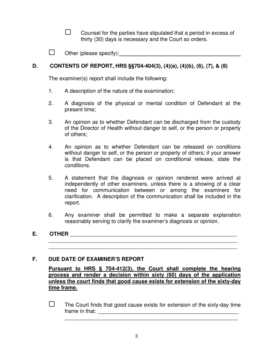 Form KMH-8 Order for Examination of Committed Defendant Seeking Conditional Release or Discharge From the Custody of the Director of Health and for Transport - Hawaii, Page 3