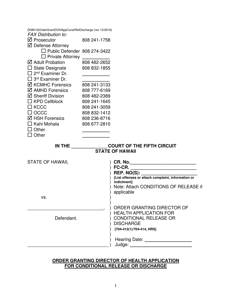 Form KMH-9 Order Granting Director of Health Application for Conditional Release or Discharge - Hawaii, Page 1