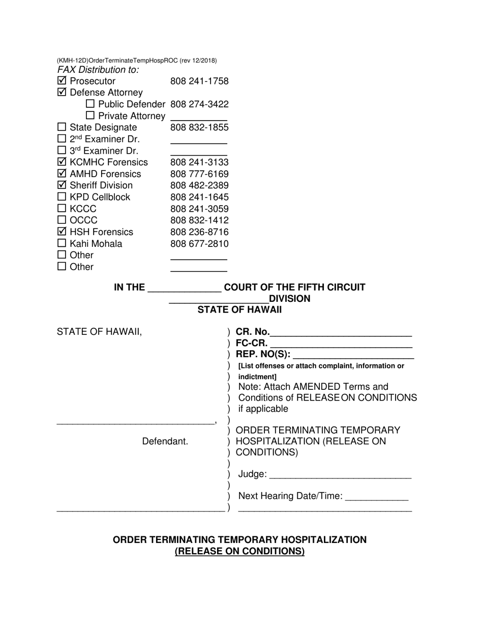 Form KMH-12D Order Terminating Temporary Hospitalization (Release on Conditions) - Hawaii, Page 1