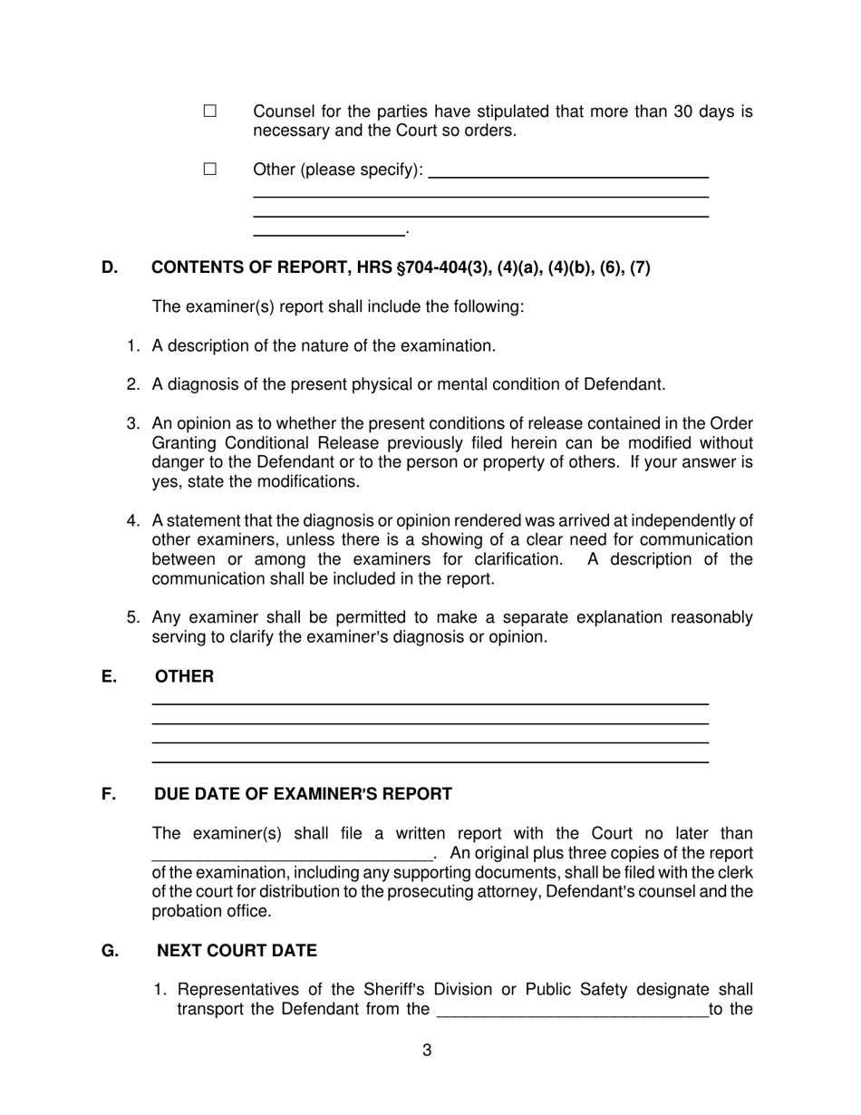 Form KMH-13 Order for Examination of Defendant Seeking Modification of Order Granting Conditional Release - Hawaii, Page 3