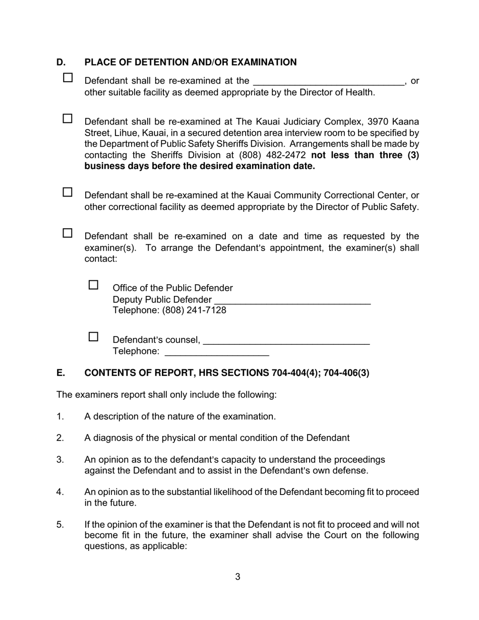Form KMH-4A Order for Re-examination of Defendant as to Fitness to Proceed - Hawaii, Page 3