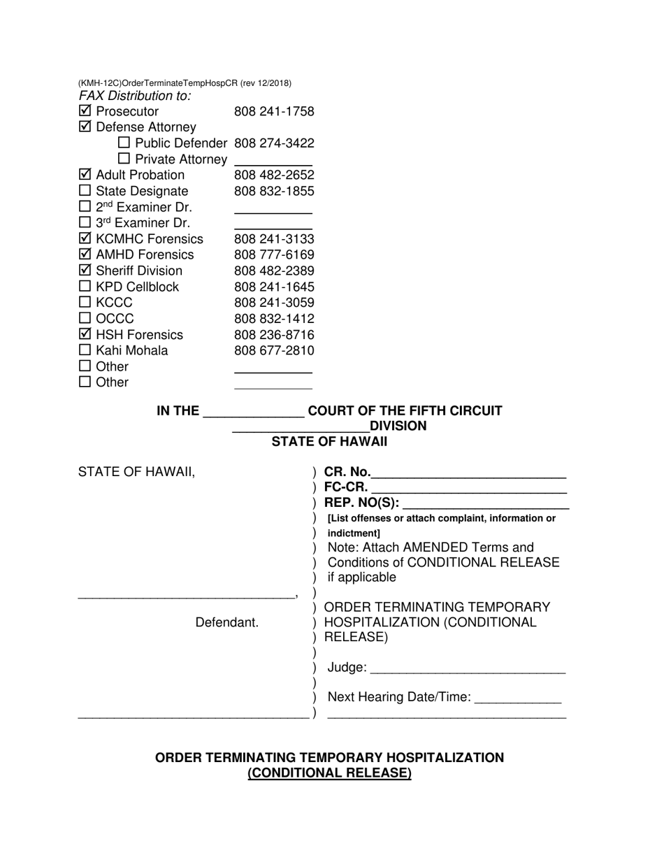 Form KMH-12C Order Terminating Temporary Hospitalization (Conditional Release) - Hawaii, Page 1