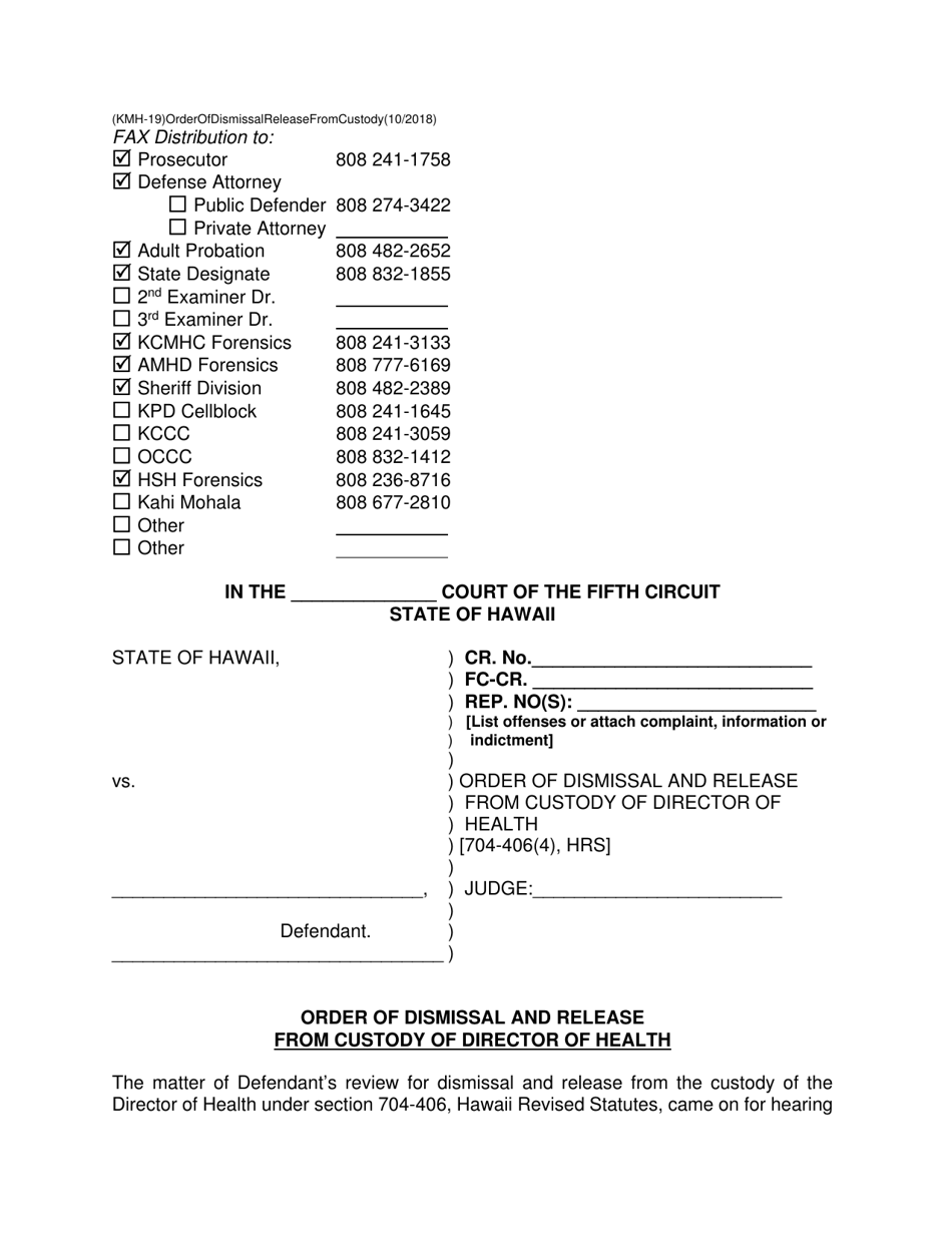 Form KMH-19 Order of Dismissal and Release From Custody of the Director of Health - Hawaii, Page 1