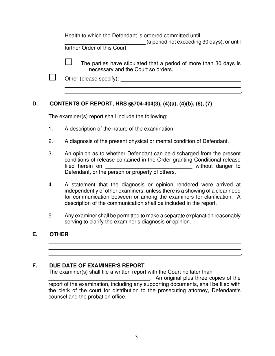 Form KMH-14 Order for Examination of Defendant Seeking Discharge From the Order Granting Conditional Release - Hawaii, Page 3