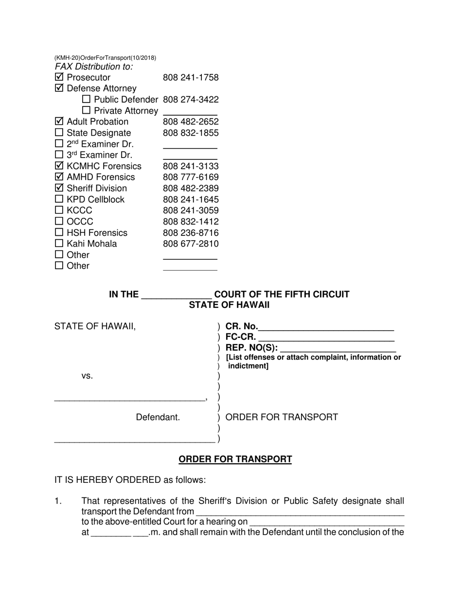 Form KMH-20 Order for Transport - Hawaii, Page 1