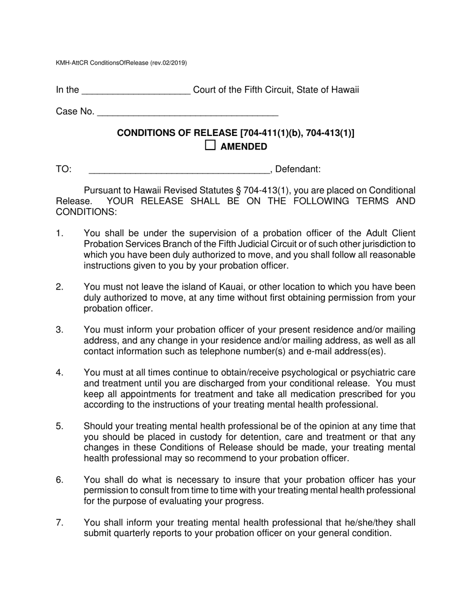 Form KMH-ATTCR Conditions of Release [704-411(1)(B), 704-413(1)] Amended - Hawaii, Page 1