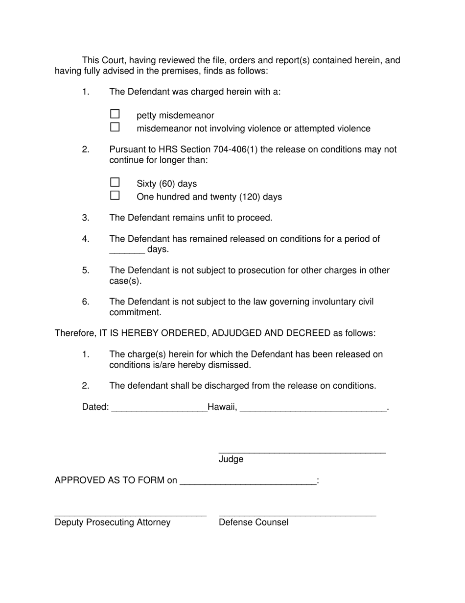 Form KMH-19B Order of Dismissal and Discharge From Release on Conditions (Non Violent Petty Misdemeanor or Misdemeanor) - Hawaii, Page 2