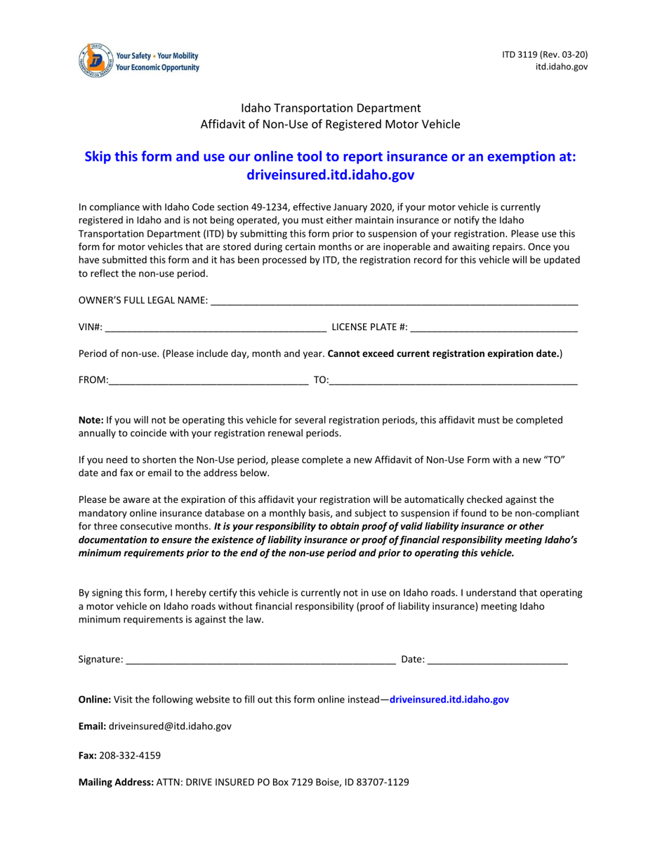 Form ITD3119 Affidavit of Non-use of Registered Motor Vehicle - Idaho, Page 1