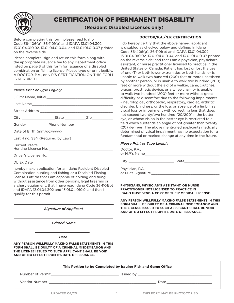 Certification of Permanent Disability - Idaho, Page 1