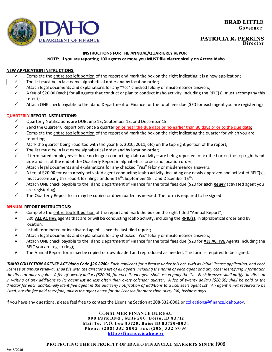 Collection Agency Quarterly Notification of Agents Form - Idaho, Page 1