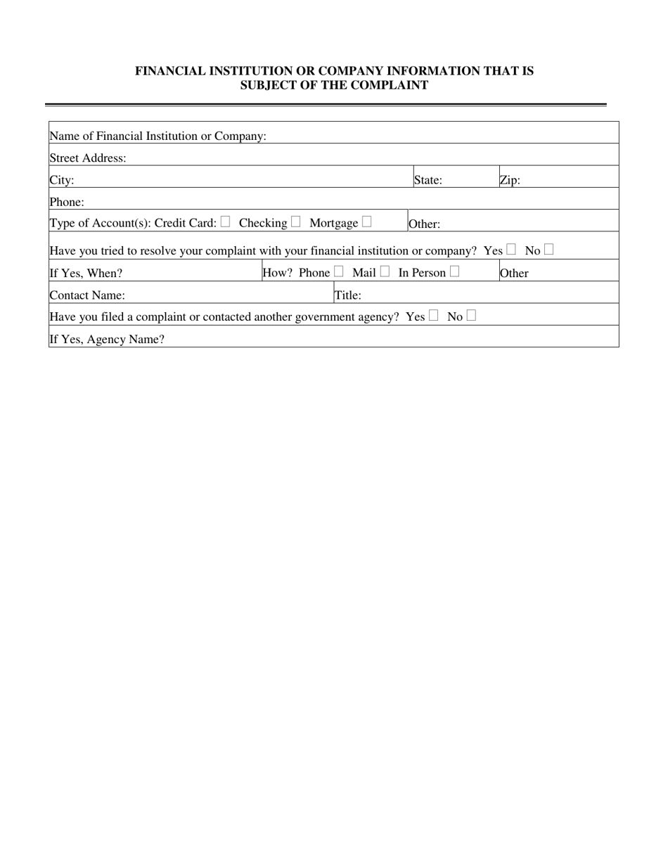Bank / Credit Union Complaint Form - Idaho, Page 3