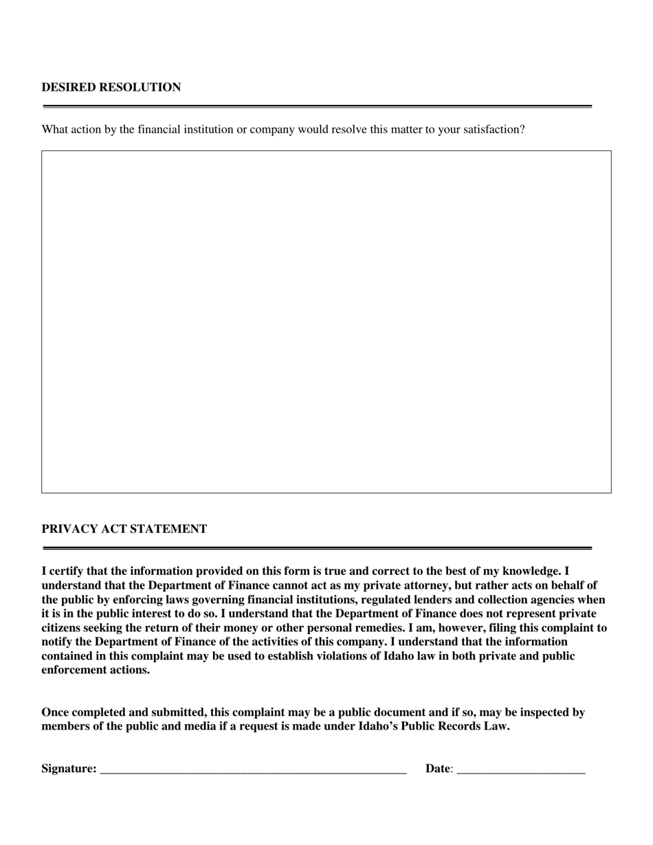 Bank / Credit Union Complaint Form - Idaho, Page 5