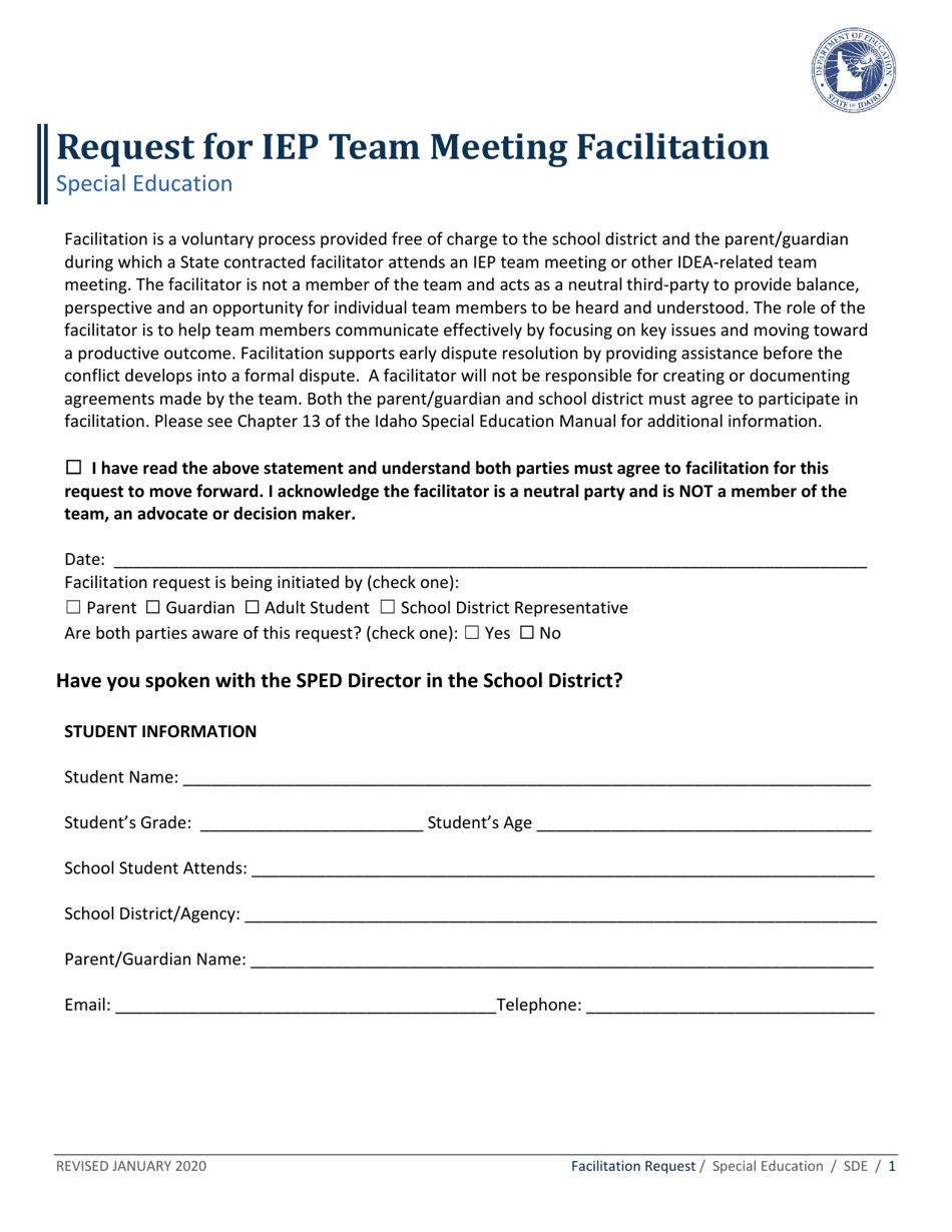 Idaho Request for Iep Team Meeting Facilitation Download Printable PDF