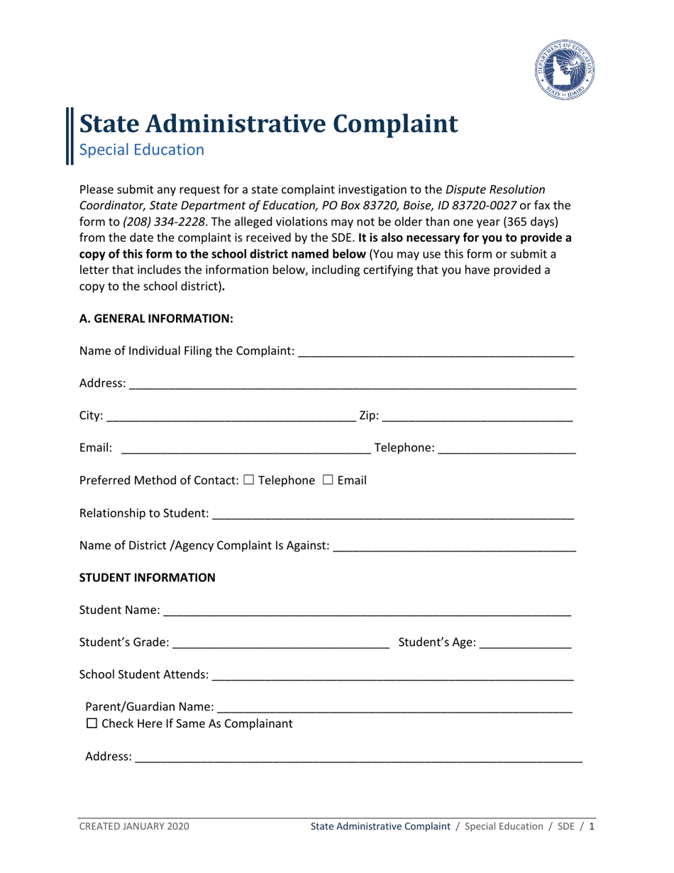 State Administrative Complaint - Idaho, Page 1